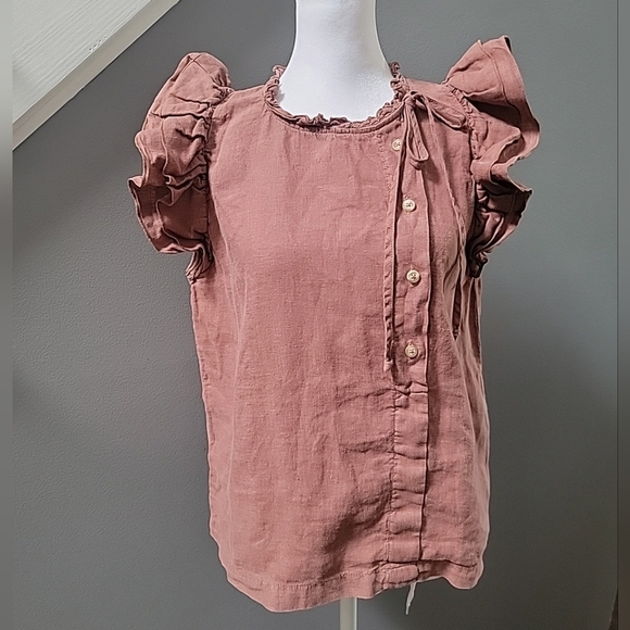 Sita Murt 100% Linen Blouse Ruffled Cap Sleeve Asymmetrical Button Size L/42 - Picture 2 of 8